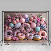 Aperturee - Aperturee Donut Wall Wedding Photography Backdrop Colorful Donuts with Peonies and Balloons Sweet Celebration Photo Prop